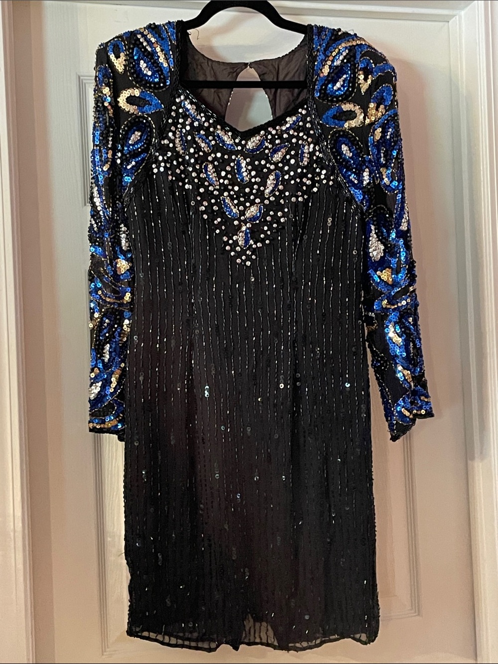 Traci Lynn Black Long-Sleeve Sequin Sheath Dress with Blue and Silver Accents